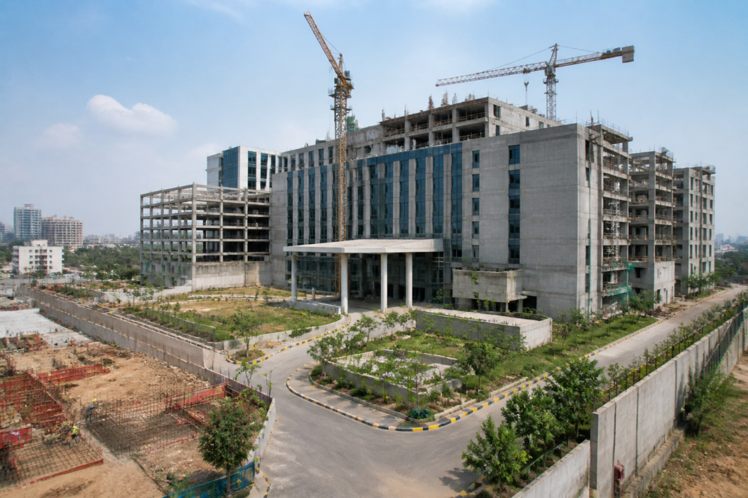 Modern hospital building representing Manipal Hospitals’ greenfield expansion and new healthcare capacity in India