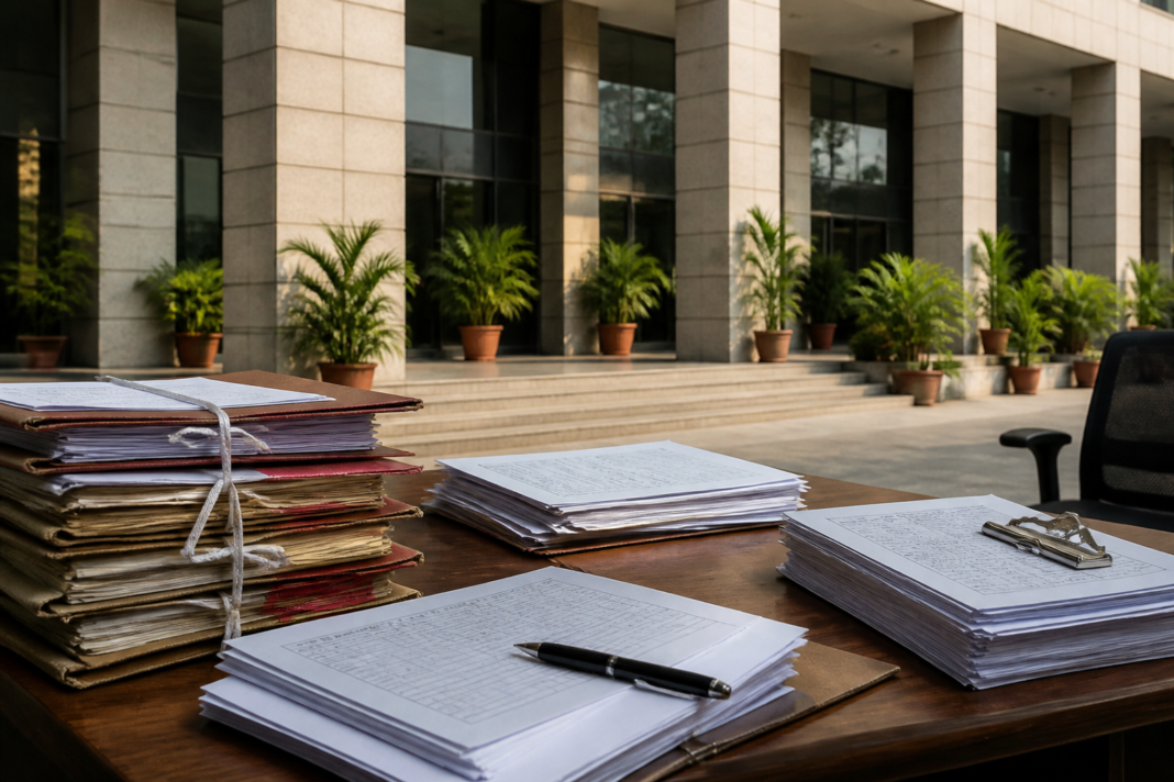 LIC Housing Finance headquarters and documents representing the Subhash Chandra fraud case and insolvency proceedings