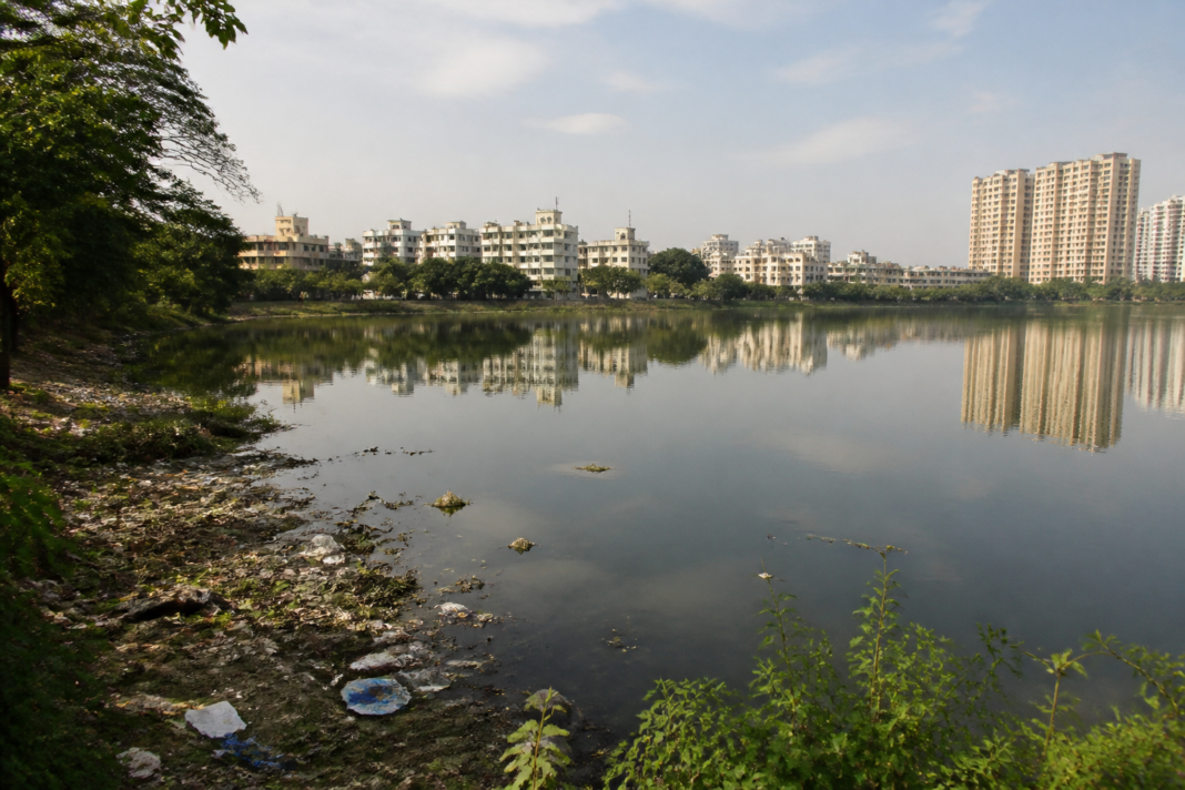 Polluted urban lake in north Bengaluru bordered by dense development and accumulated waste