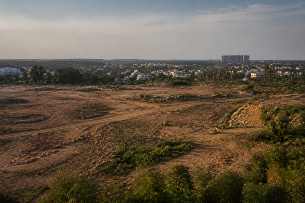 Proposed Bengaluru cricket stadium site in Suryanagar showing undeveloped land and surrounding urban infrastructure
