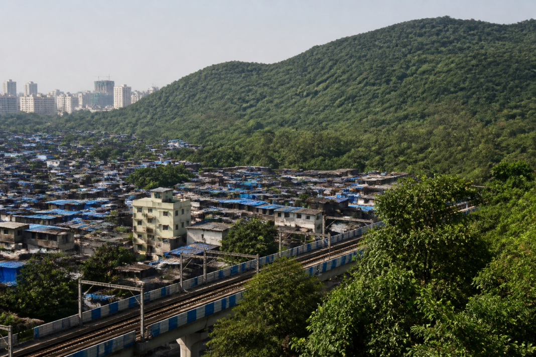 Settlements beside Sanjay Gandhi National Park in Mumbai, illustrating the area affected by the proposed resettlement plan