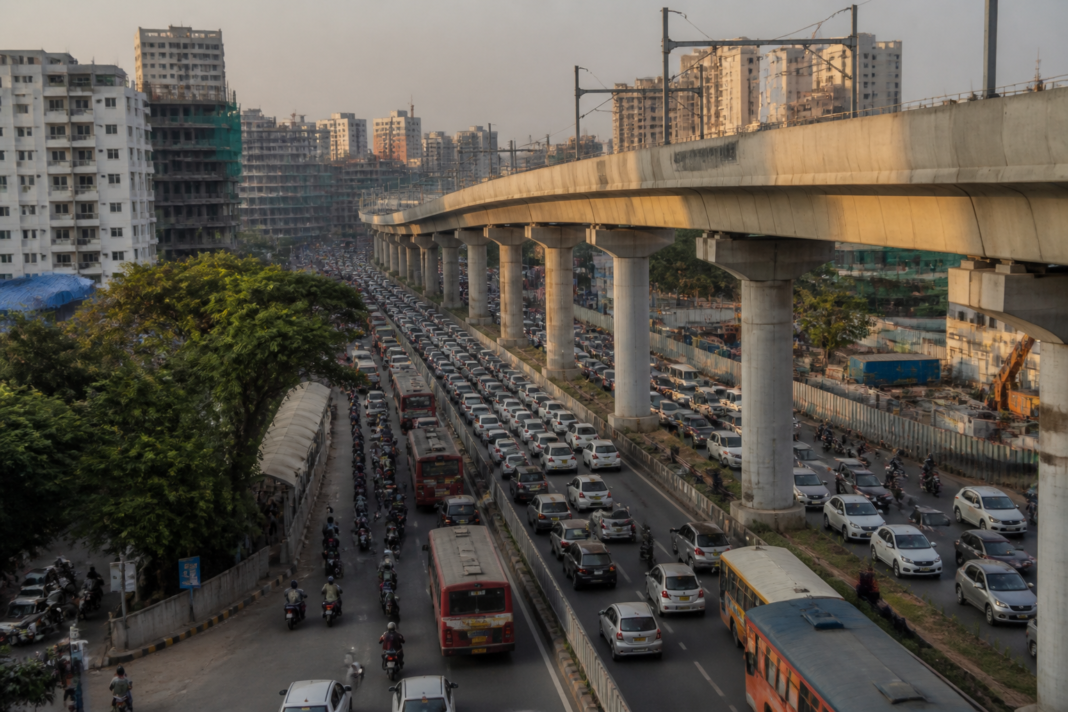 Pune transport infrastructure showing an urban road corridor with metro construction and city traffic
