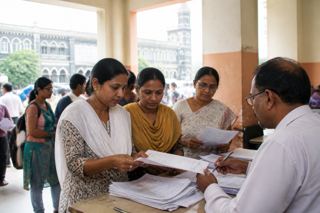 Pune women voters represented at a voter registration and electoral roll service desk in an urban civic office