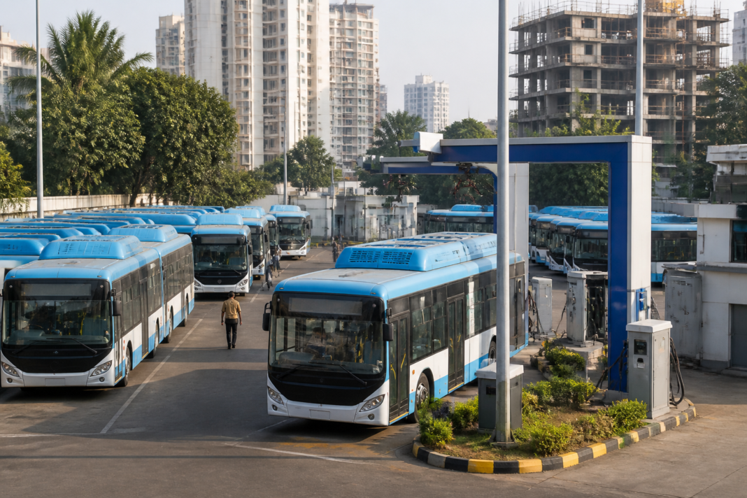 Air-conditioned electric buses at a Thane urban transport depot, illustrating the Thane e-bus project and its public mobility infrastructure