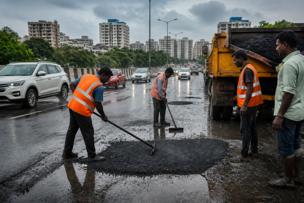 Workers repairing a pothole on a Navi Mumbai road ahead of Ganeshotsav processions
