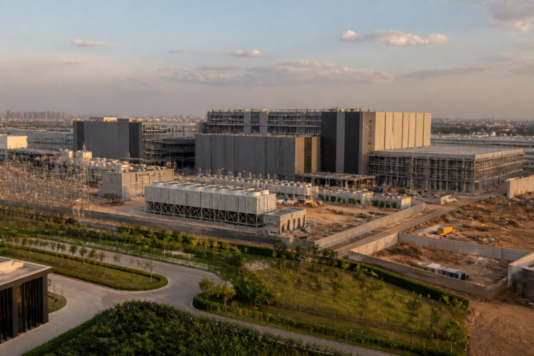 Conceptual view of a large AI data centre campus in Hyderabad with high-capacity infrastructure and utility systems