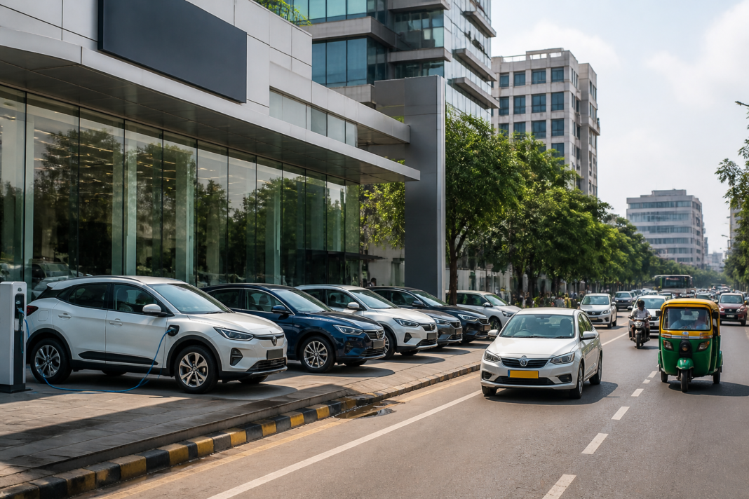 Passenger vehicles at an urban dealership representing the changing India passenger vehicle market, including electric, CNG and petrol models
