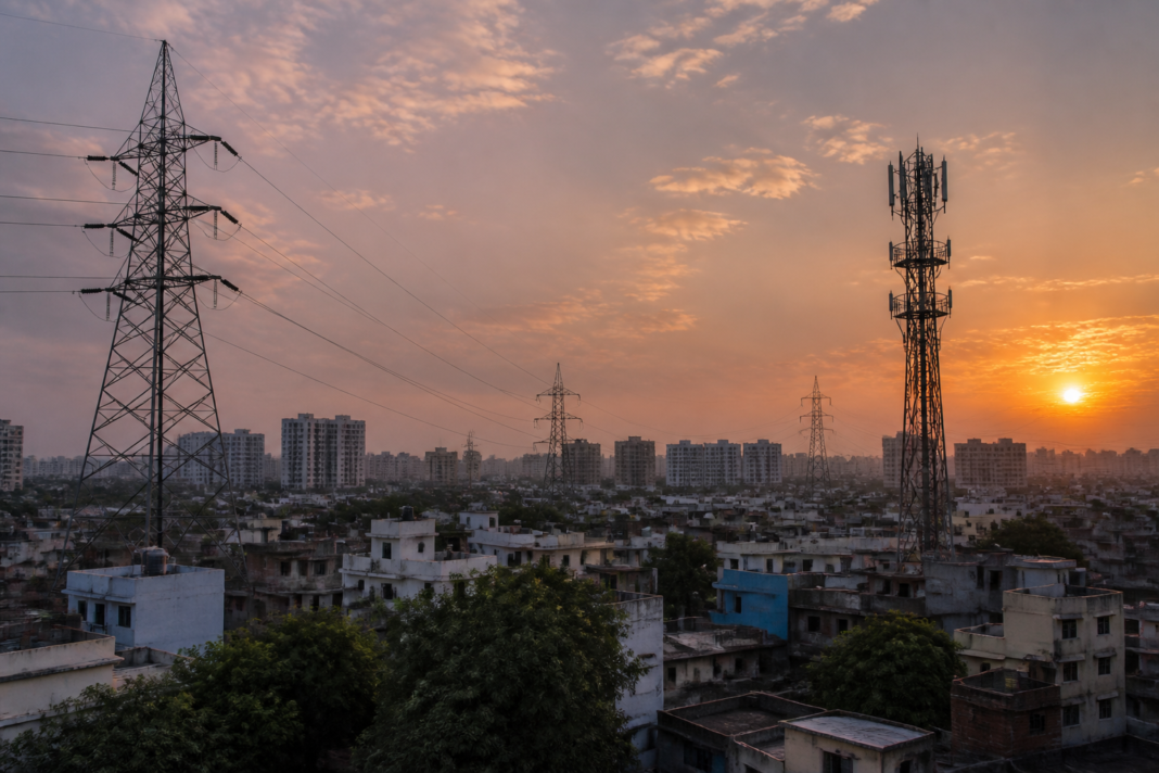 Urban electricity transmission lines and telecom towers representing FPI flows in Indian infrastructure