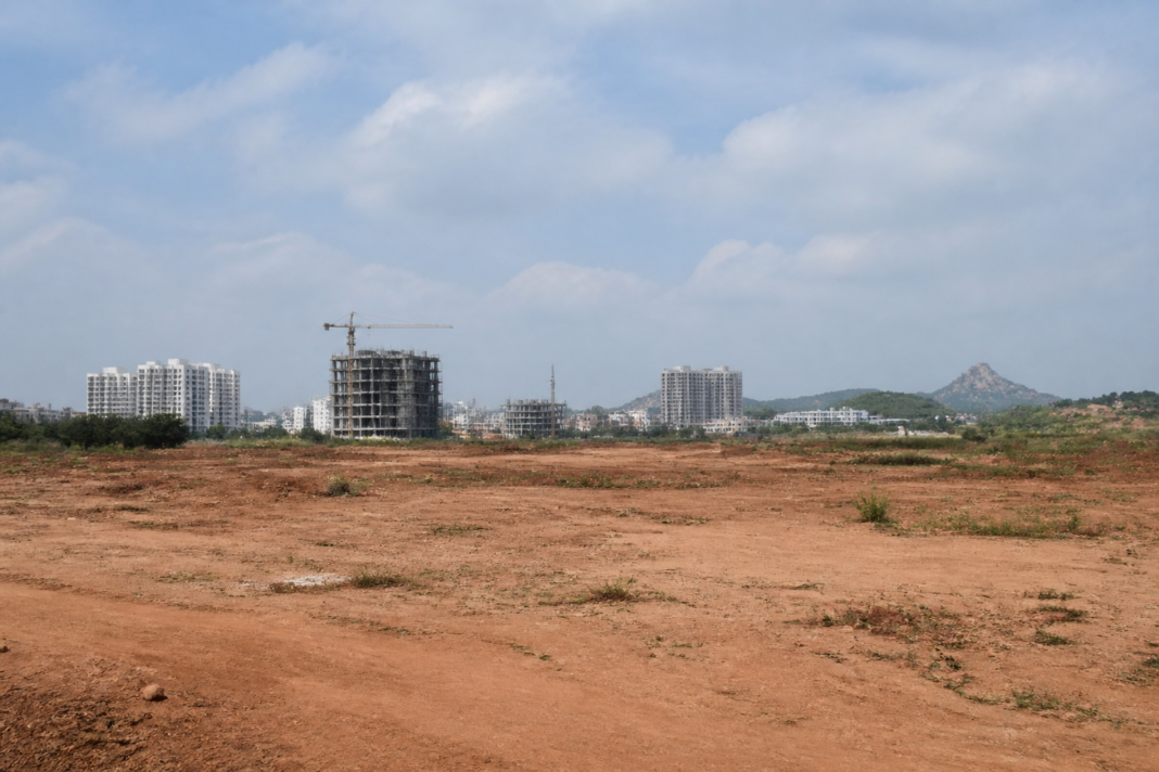 Proposed Bengaluru international cricket stadium site in Suryanagar Phase 4, Anekal, showing undeveloped land and the surrounding urban edge