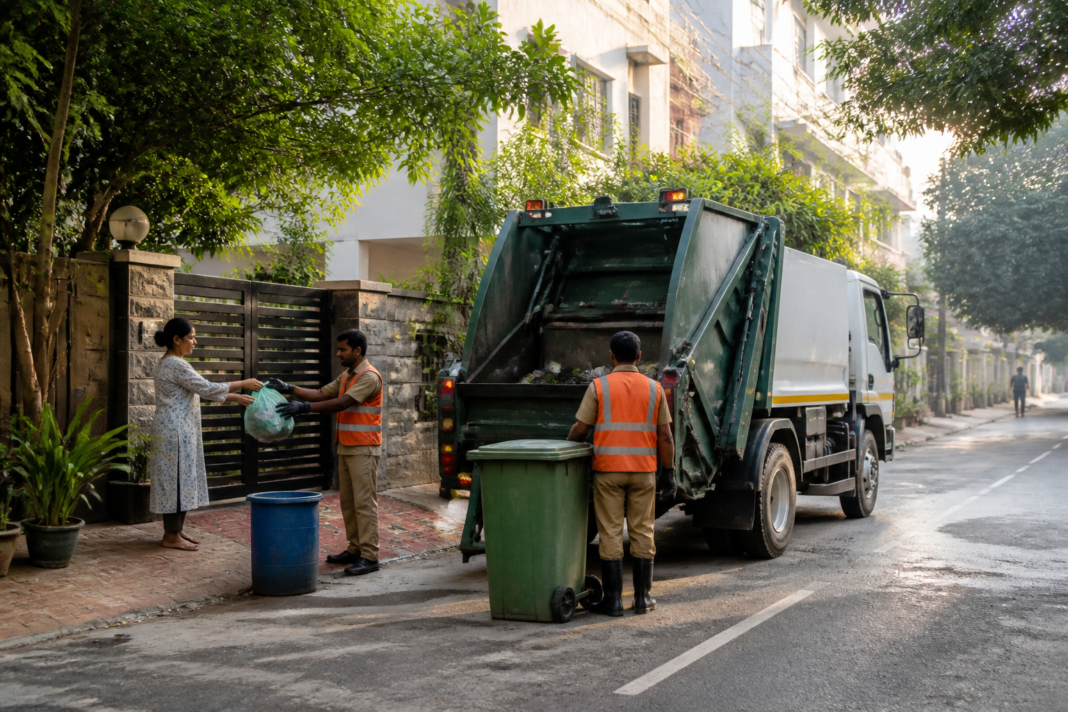 Waste collection vehicle operating on a Bengaluru residential street as the city prepares for a new GPS-enabled doorstep collection system