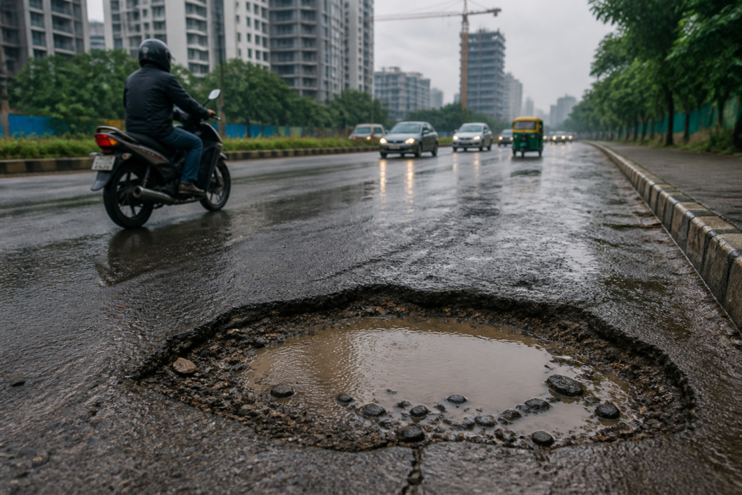 A pothole on a rain-soaked road in Bengaluru's Varthur area, representing road safety concerns