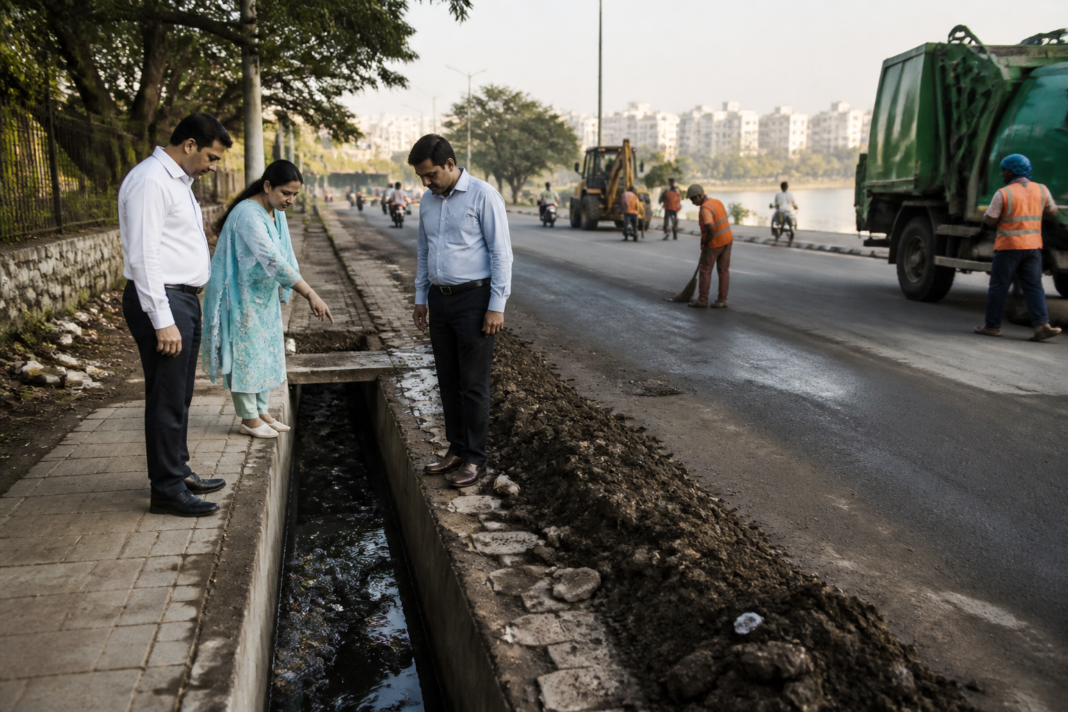 Civic officials inspect a road and footpath near Agara Lake in Bengaluru during a review of Bengaluru civic services