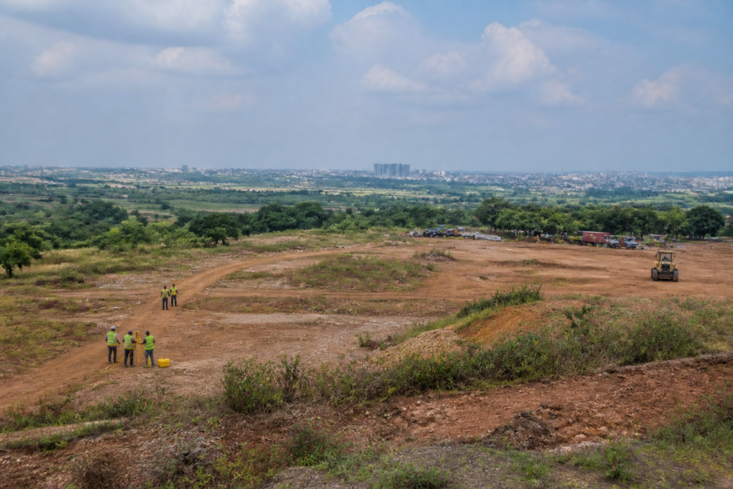 Planned Bengaluru international cricket stadium site in Suryanagar with surrounding urban development and open land