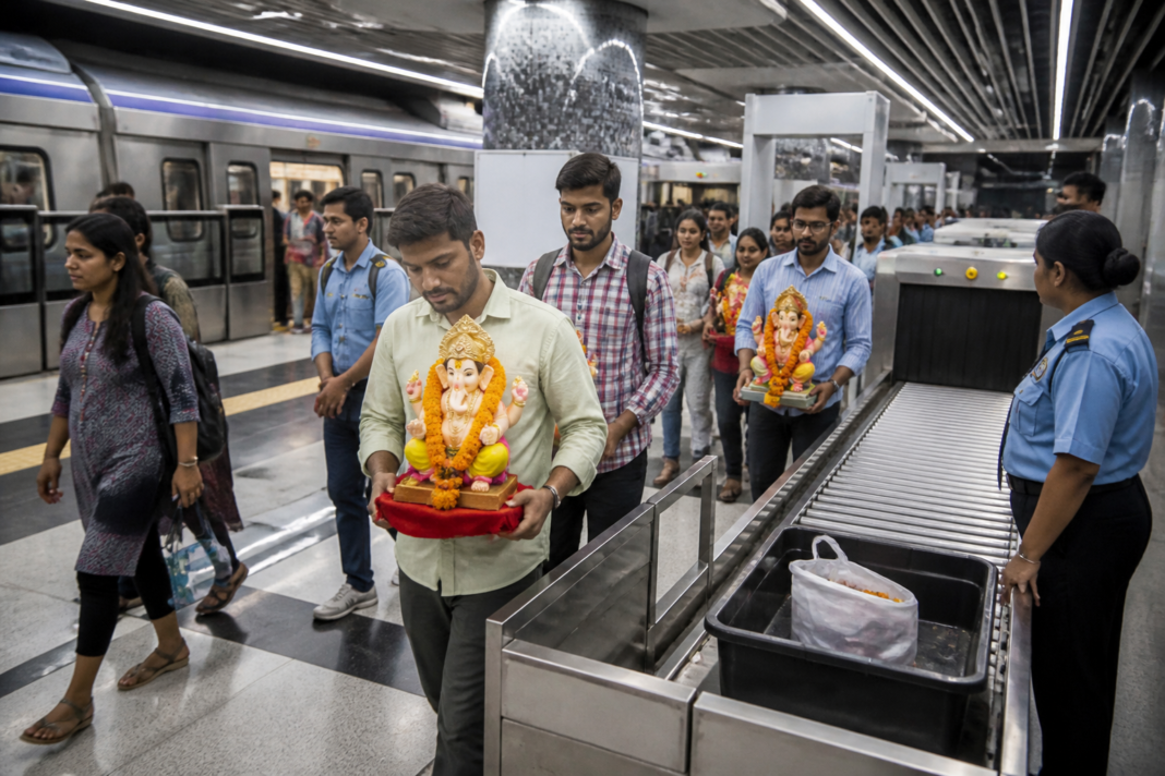 Mumbai Metro 3 train at a station during extended Ganeshotsav service hours