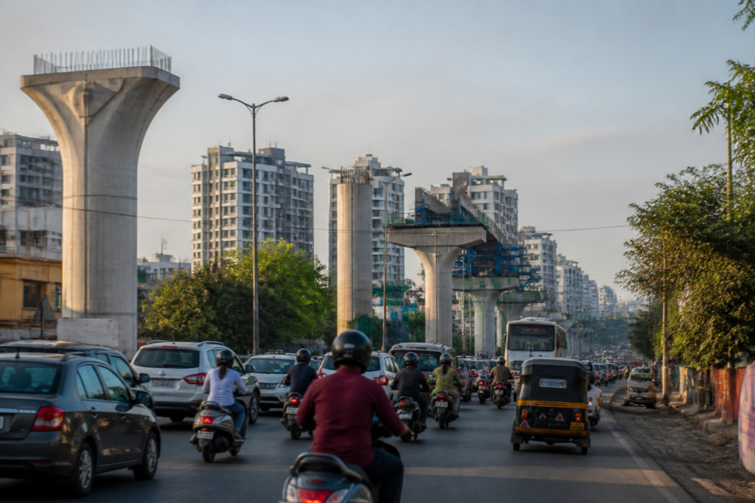 Pune traffic and urban transport infrastructure near a major road corridor with metro construction and dense city development