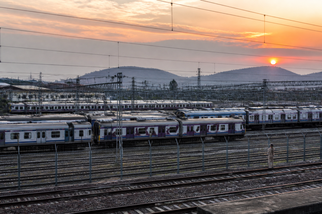 Stabled local trains at a railway yard in Thakurli, Dombivli, near overhead electrical equipment