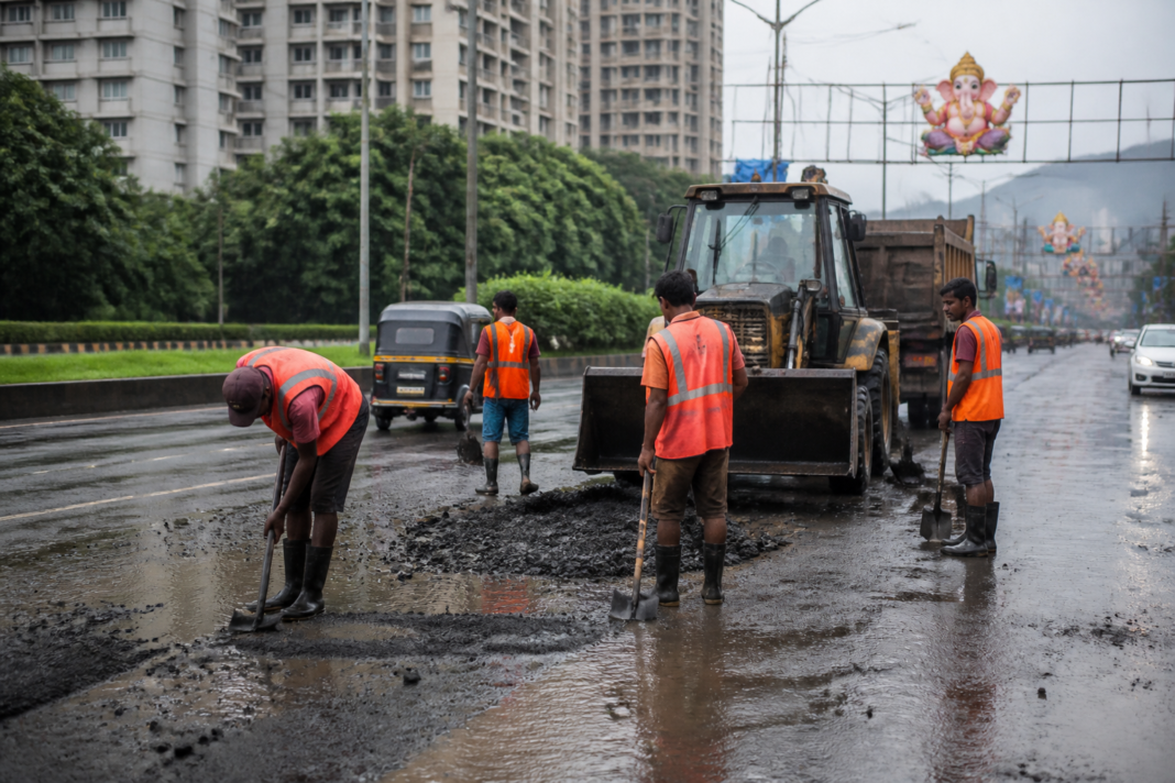 Workers repairing a pothole on a Navi Mumbai road used for Ganesh festival processions