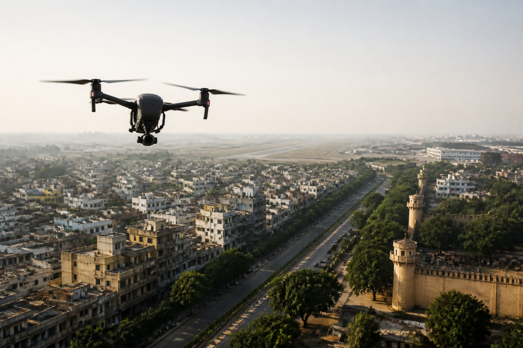 Camera drone flying above an Indian urban area with controlled airspace and city infrastructure in the background