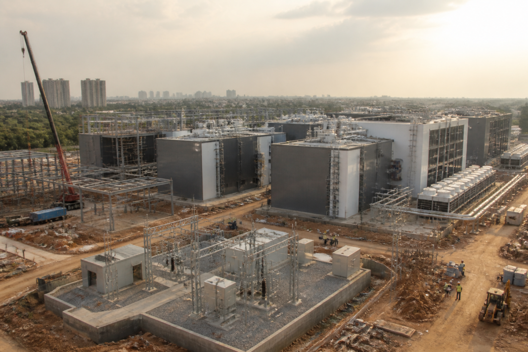Conceptual view of a large AI data centre campus in Hyderabad with power and cooling infrastructure