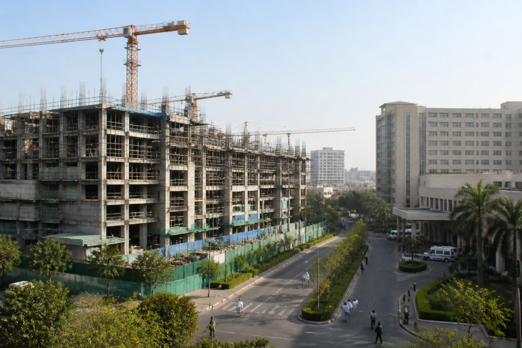 Modern hospital building representing Manipal Hospitals' greenfield expansion and planned healthcare capacity
