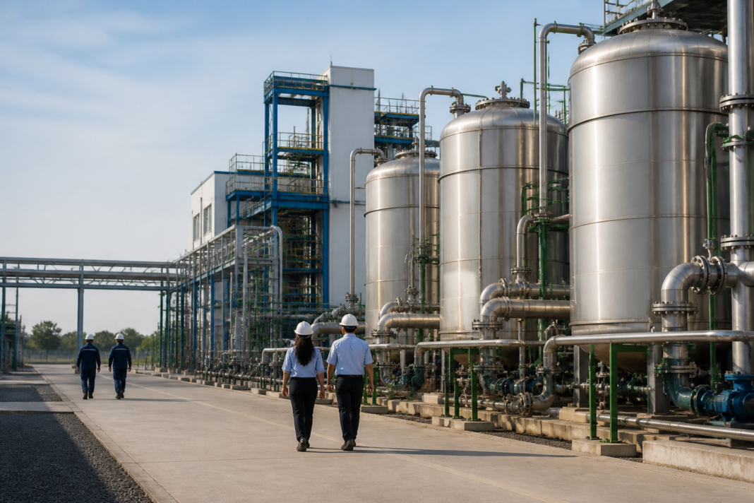 RPG Life Sciences API expansion represented by a pharmaceutical manufacturing facility with industrial storage tanks and processing infrastructure