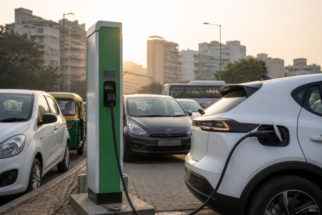 Electric vehicle charging near urban passenger cars in India, representing the rise of electric vehicles in India