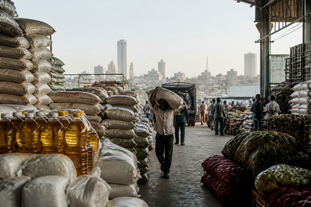 Urban food market with sacks of grain and produce representing pressure on global food prices and supply chains