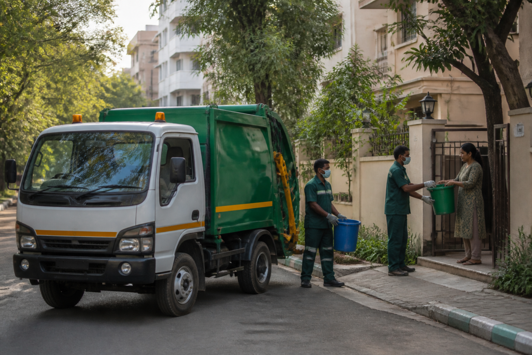 Waste collection vehicle operating on a Bengaluru residential street as the city prepares to introduce GPS-enabled doorstep collection
