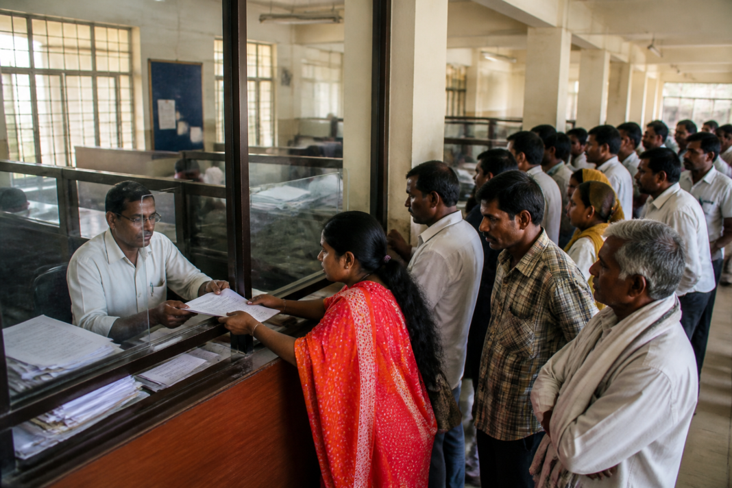 Officials receiving citizen complaints at a Praja Seva campaign meeting in Karnataka
