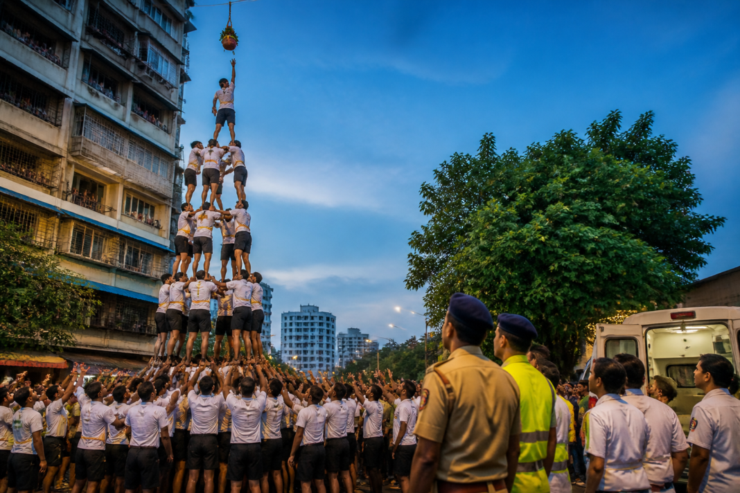 Dahi Handi Govindas forming a human pyramid during a festival celebration in Thane
