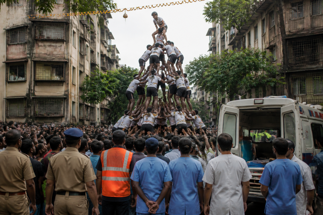 Govindas form a human pyramid during Dahi Handi 2026 celebrations in Mumbai