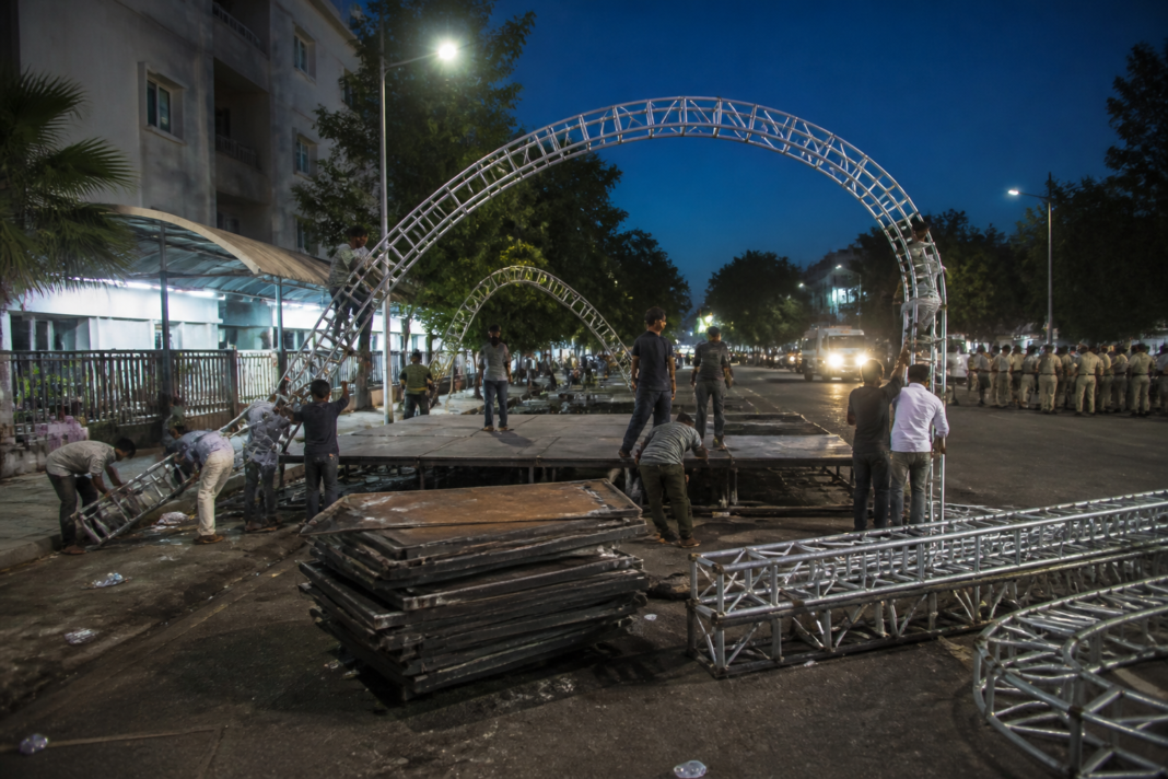 Temporary Dahi Handi stage structure being dismantled in Juna Sangvi, Pimpri-Chinchwad