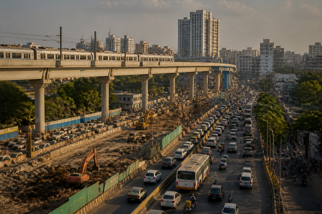 Urban traffic and transport infrastructure in Pune, illustrating the Pune transport plan announced by Maharashtra Chief Minister Devendra Fadnavis