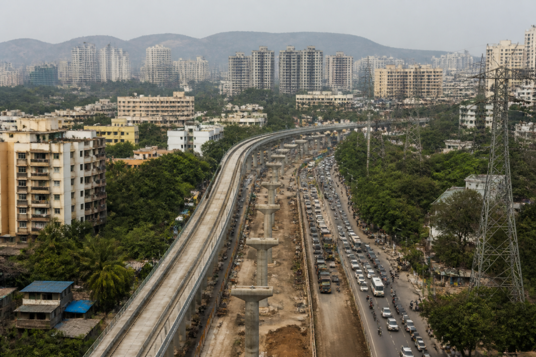Proposed Thane internal metro route area in a densely built urban neighbourhood, representing rehabilitation and land acquisition concerns
