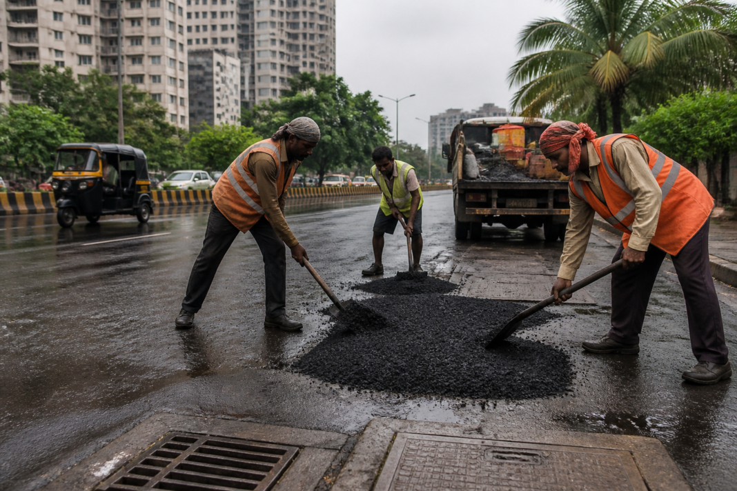Road repair work on a Ganeshotsav procession route in Navi Mumbai