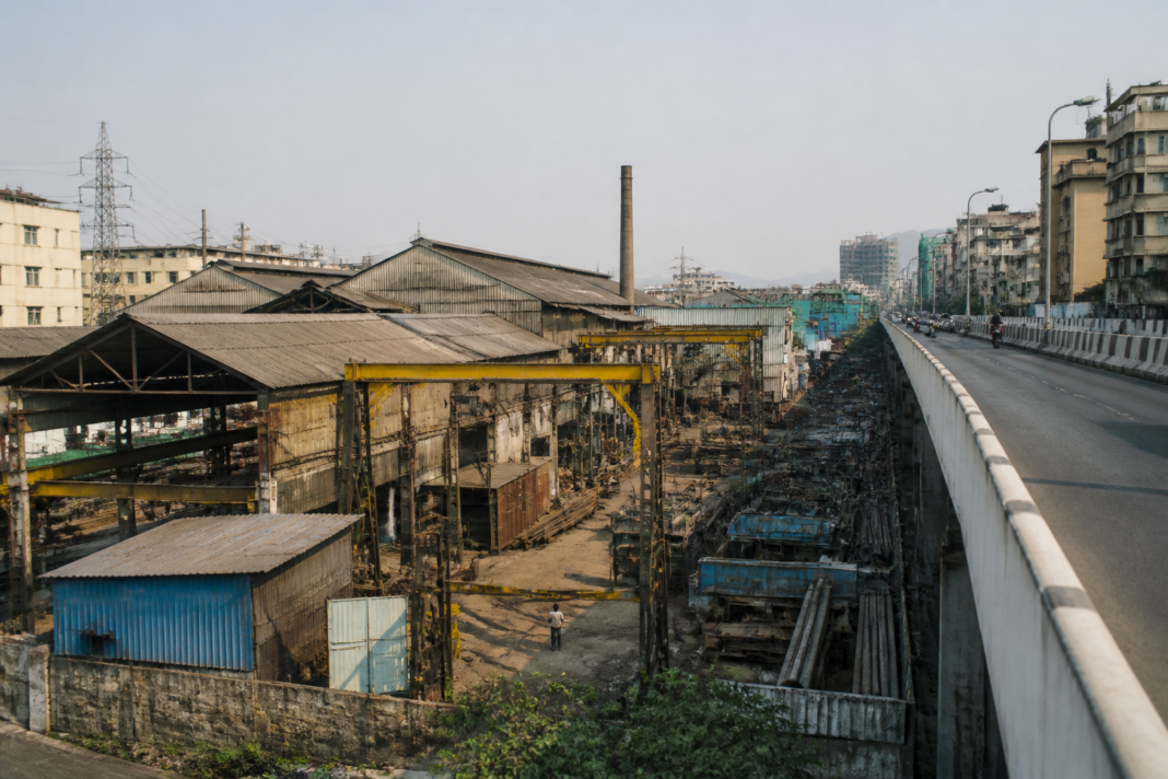 Industrial units in a Mira-Bhayandar industrial estate beside an urban road