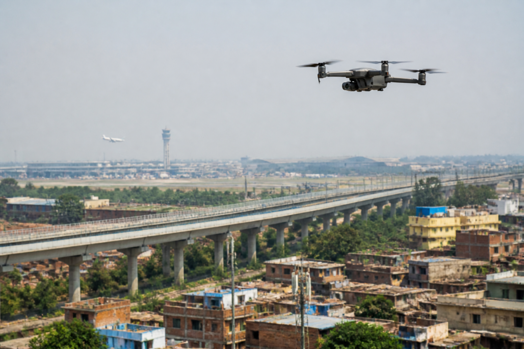 Drone flying above an Indian urban neighbourhood near regulated airspace, illustrating drone rules in India