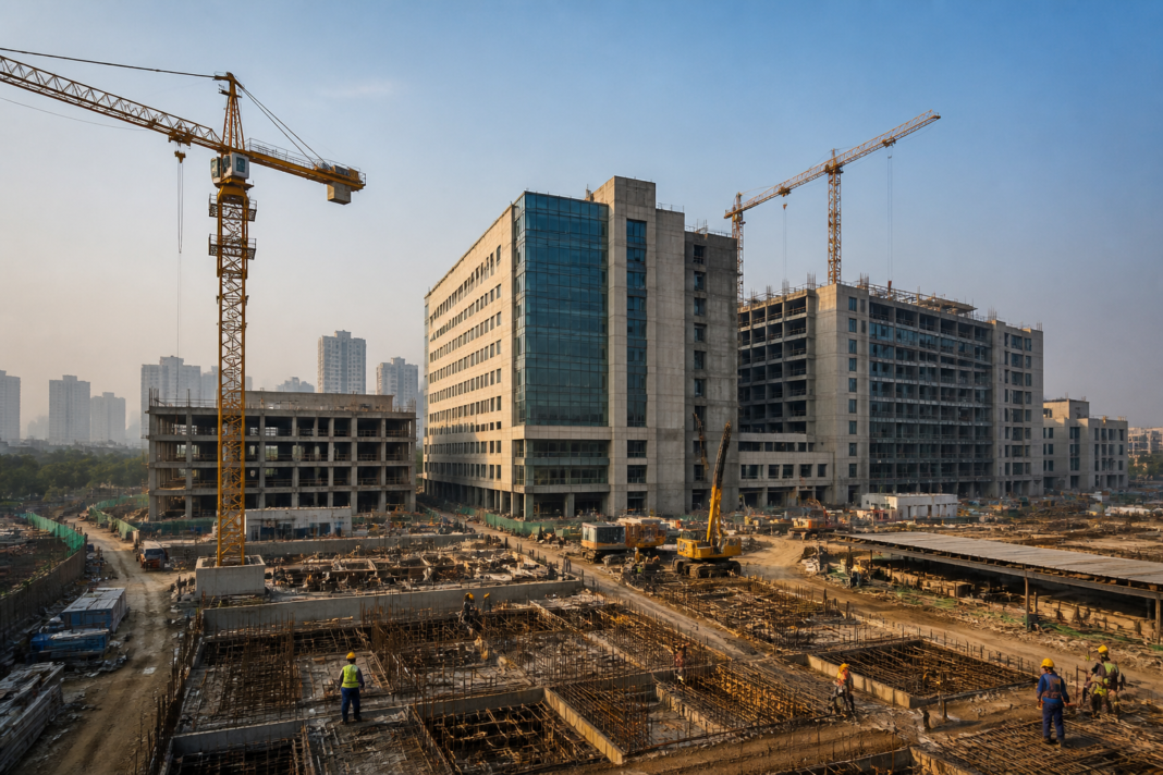 A modern hospital campus under construction representing the Manipal Hospitals expansion and new healthcare infrastructure capacity