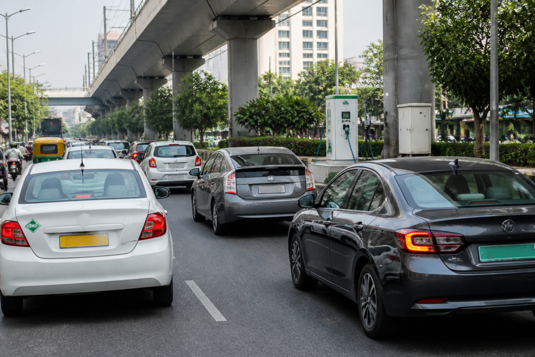 Passenger vehicles in an Indian city, representing the shift in India’s passenger vehicle market towards CNG, hybrid and electric cars