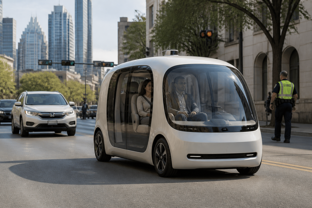 Tesla Cybercab-style driverless taxi operating on an Austin city street during a regulatory review