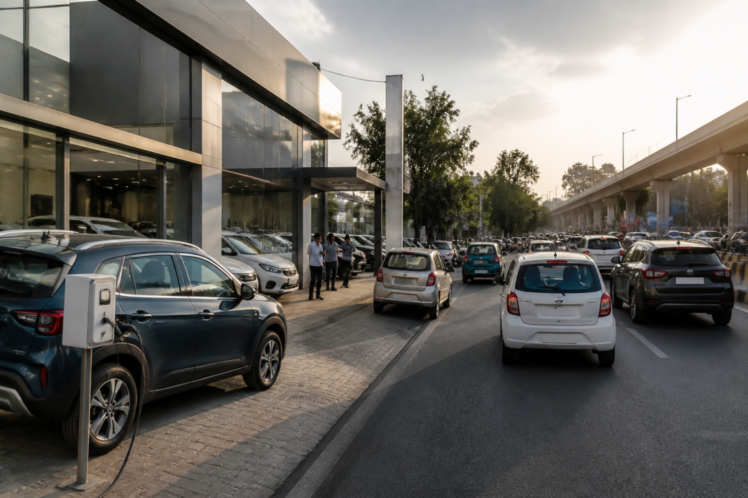 Passenger cars at an urban dealership representing India’s changing car sales mix across petrol, CNG, hybrid and electric vehicles