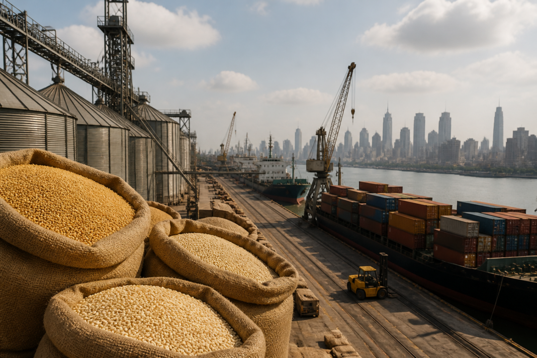 Global food prices story showing grain storage and urban food supply logistics