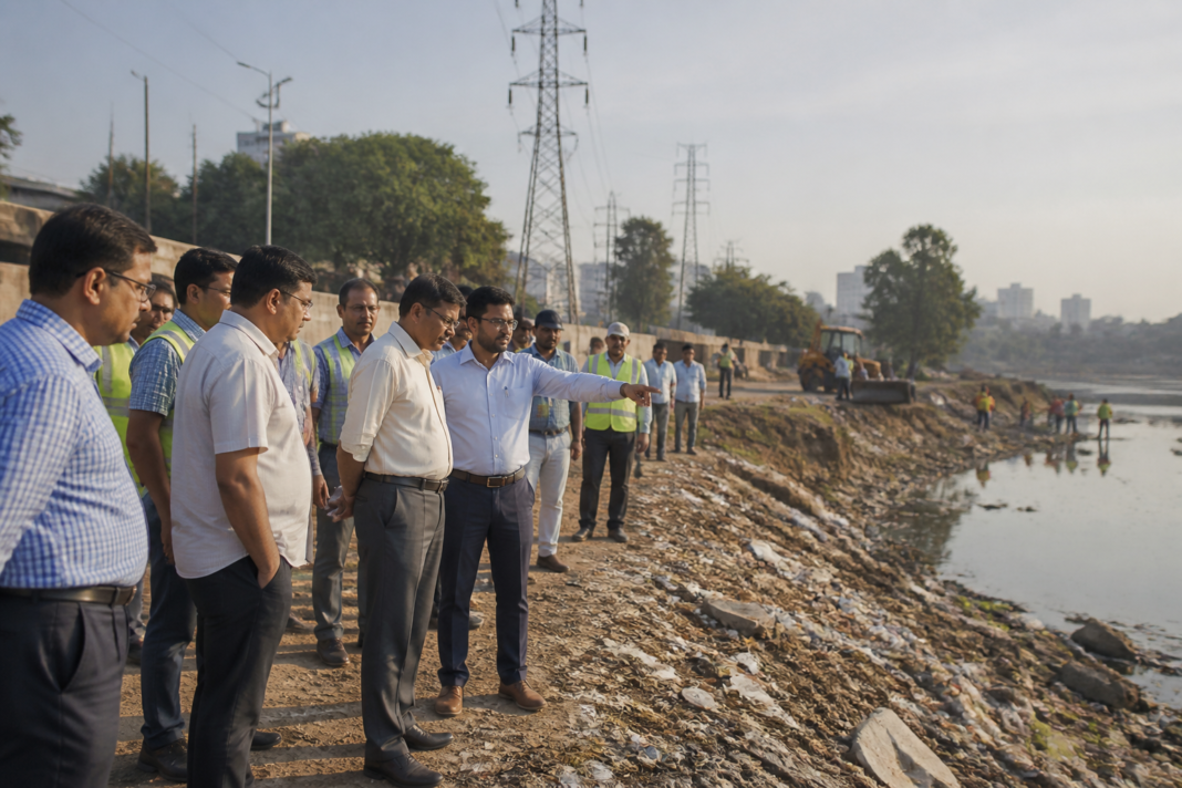 Civic workers and officials inspecting waste and public infrastructure near Agara Lake in Bengaluru