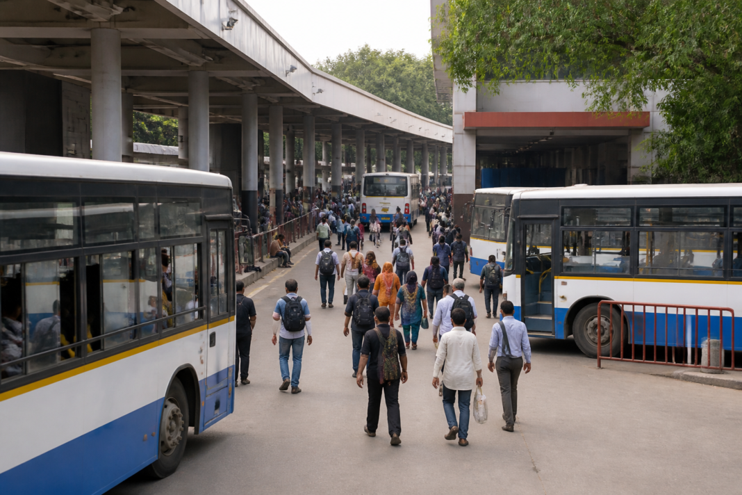 Passengers and BMTC buses at Bengaluru’s Shivajinagar bus stand, highlighting the need for medical facilities and emergency response