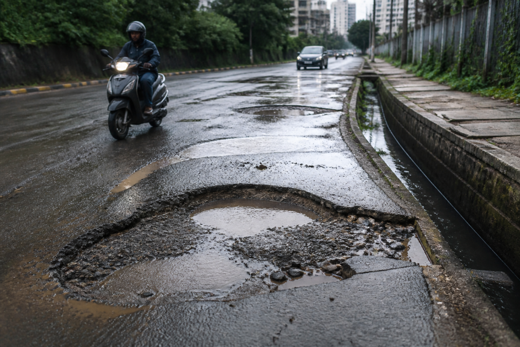 Pothole on a rain-soaked road in Varthur, Bengaluru, illustrating the reported road hazard linked to a woman’s accident