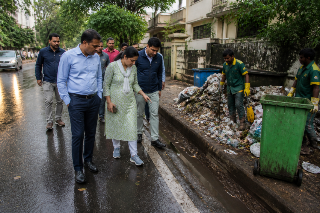Civic workers and officials inspecting waste management and road conditions in Bengaluru