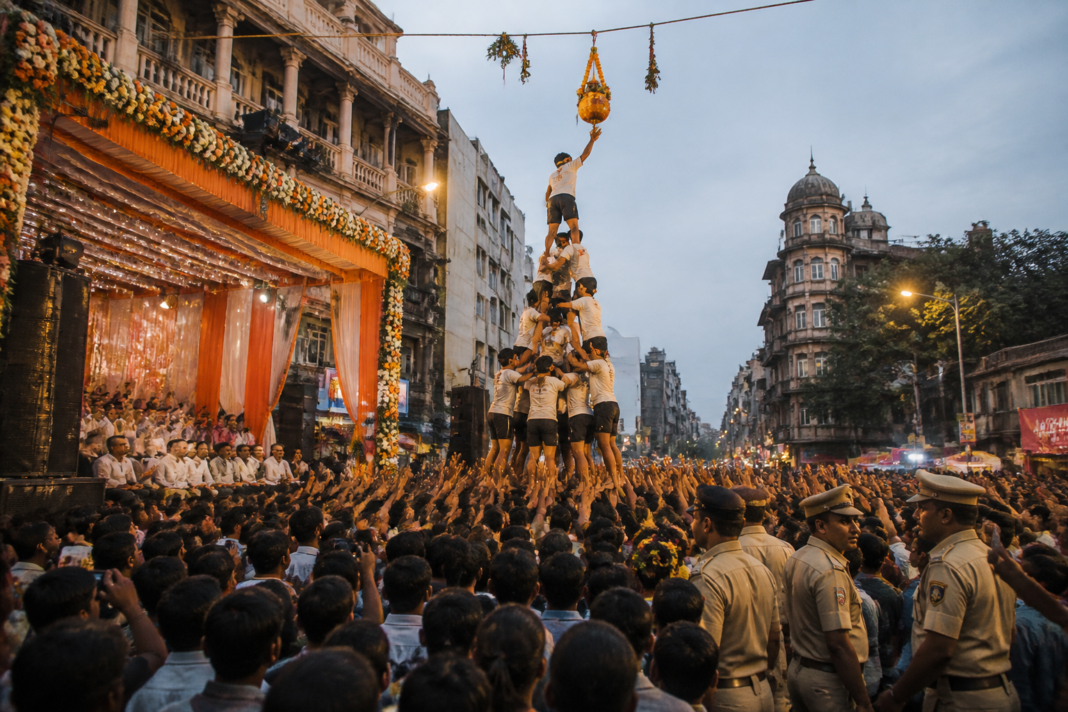 Dahi Handi celebration preparations on a Pune street under police noise restrictions