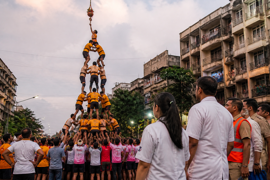 Govindas forming a human pyramid during Dahi Handi celebrations in Vasai-Virar