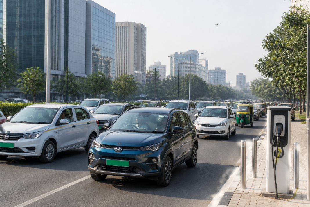 Electric cars and other passenger vehicles moving through a busy Indian city street, representing the changing fuel mix in India’s passenger-vehicle market