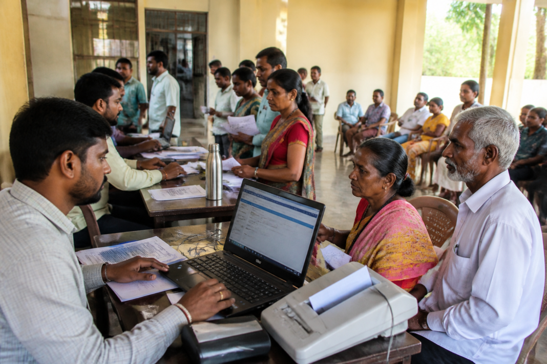 Officials receiving citizen applications during Karnataka’s Praja Seva campaign at a local government meeting